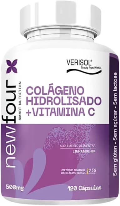 Colágeno Verisol com Vitamina C 520mg NewFour – 120 Cápsulas | Colágeno Hidrolisado Tipo 1 para Pele, Rugas e Flacidez | Elasticidade, Cabelos e Unhas | Sem Glúten, Açúcar e Lactose