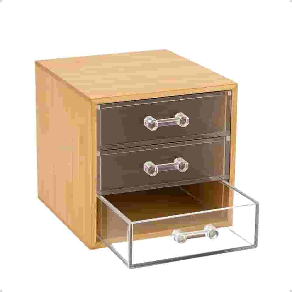 Organizador de Mesa com 3 Gavetas, Bambu Natural, Transparente, 15x13x11 cm, Mini Gaveteiro para Escritório, Cosméticos, Acessórios