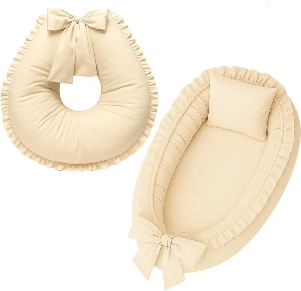 Ninho redutor de berço e Almofada de Amamentação Percal 100% Algodão (Palha)