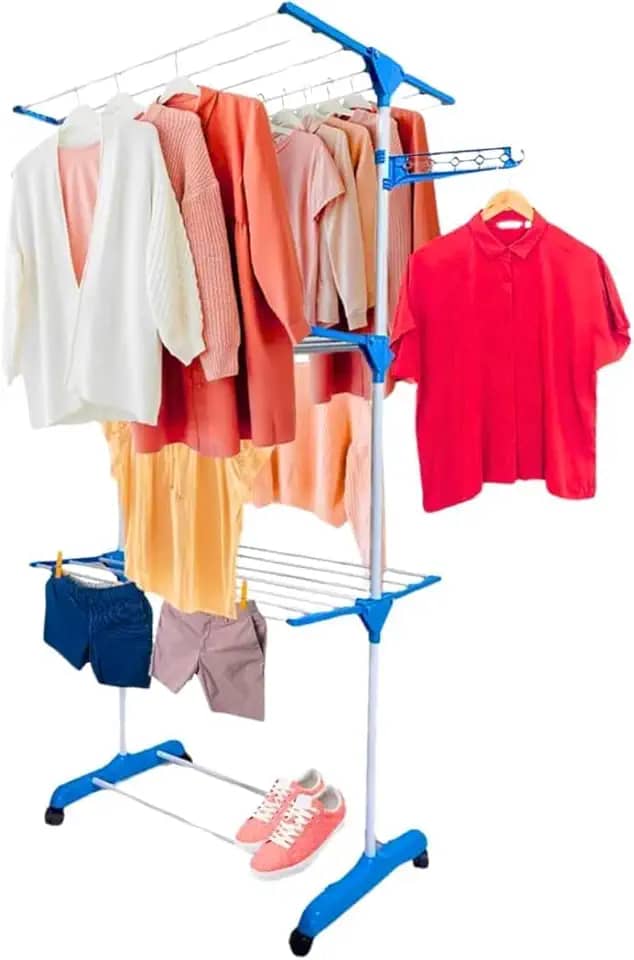 Varal de Chão Dobrável Retrátil Organizador com Rodinhas 3 Andares Vertical Reforçado Compacto Suporta Até 30 Kg Estrutura Portátil para Secagem Rápida de Roupas