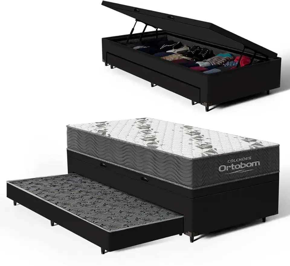 Bicama Box Baú Solteiro com Colchão de Espuma D33 Ortobom Airtech 100 + Auxiliar Unique 88cm (Preto)