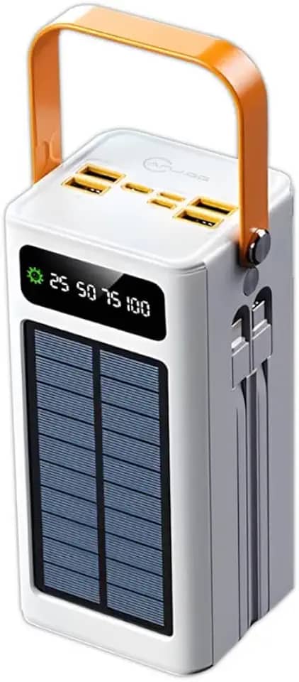 Power Bank Solar, 50000mAh, USB Tipo C, para Smartphone, Branco, Carregamento Rápido Bidirecional, Display Digital, Bateria