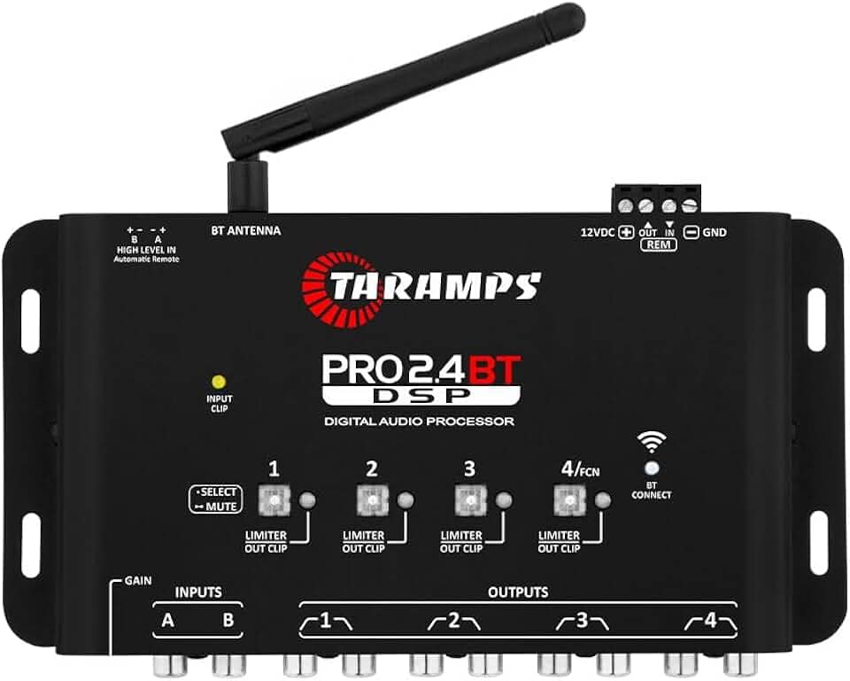 Processador de Audio Digital Taramps Pro 2.4 BT Bluetooth Som Automotivo Controle Por Aplicativo Celular Tablet Entrada Fio e RCA 4 Saidas Crossover Equalizador Grafico e Parametrico Limiter