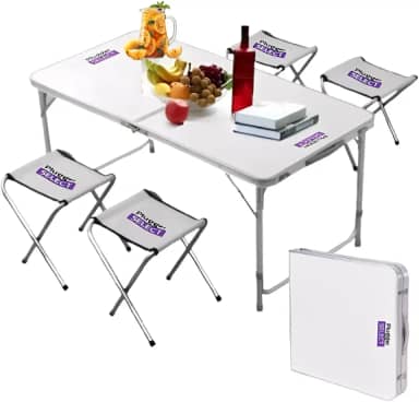 Mesa de Camping Dobrável Portátil Grande 120x60cm com 4 Bancos Dobráveis Branca Vira Maleta serve para Praia Churrasco Acampamento Festa - Lojas Tahara