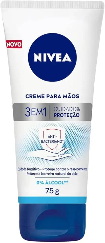 NIVEA Creme para Mãos Ação Antibacteriana 3 em 1 75g - Creme 3 em 1 com ação antibacteriana e sem álcool etílico, hidrata e protege as mãos do ressecamento, fortalecendo a barreira natural da pele