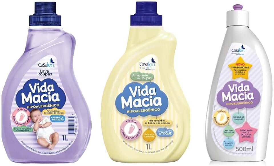 Kit Bebê Vida Macia: 1 Lava Roupas 1 litro + 1 Amaciante Camomila 1 litro + 1 Tira Manchas 500 ml