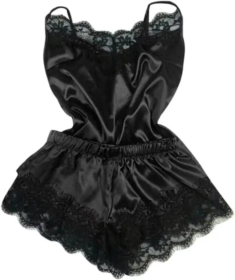 Conjunto Pijama Feminino Cetim e Renda, 2 Peças, Preto