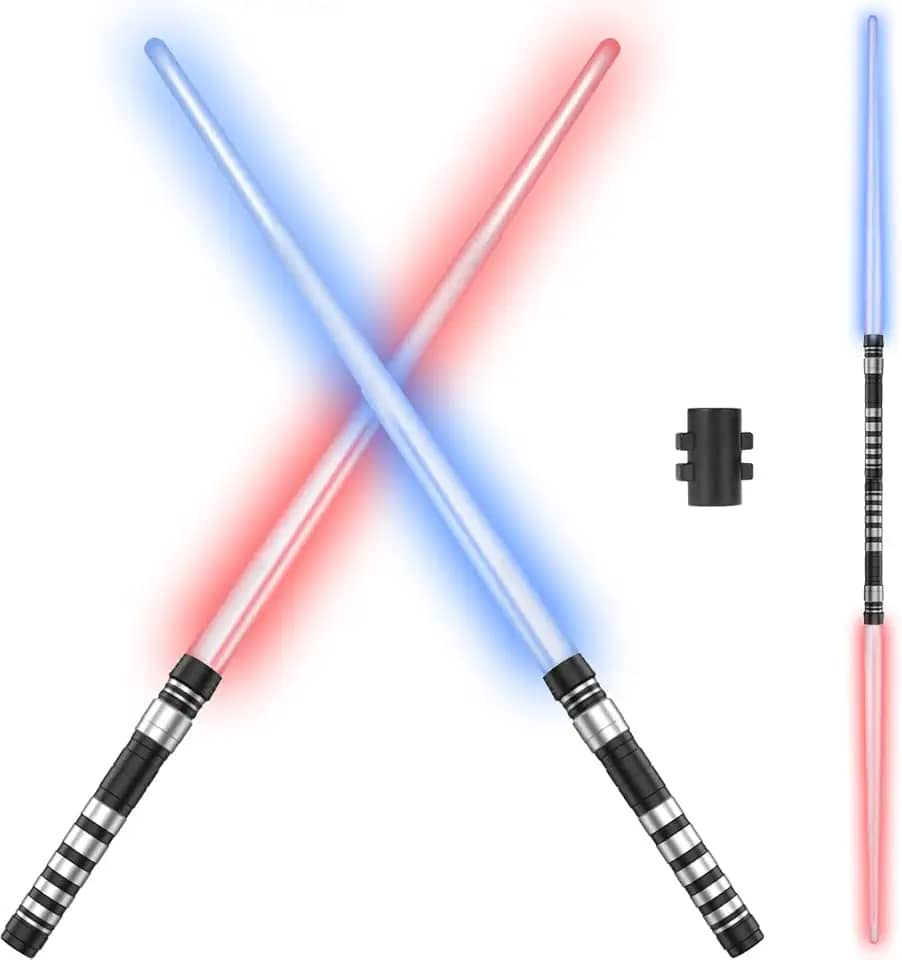 2 peças de sabre iluminado para crianças, espada de luz com sons, kit de fantasia de espada iluminada com LED de 7 cores, brinquedo retrátil de espada luminosa para lutadores e guerreiros