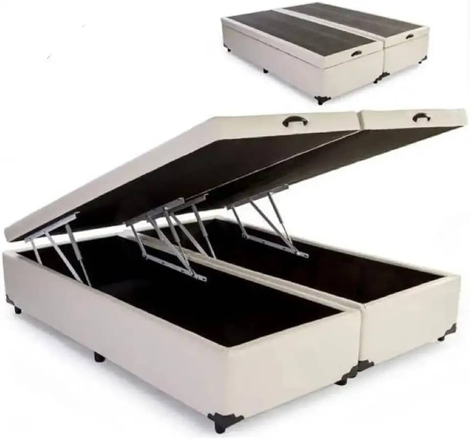 Cama Box Baú KING SIZE Pistão a gás bege corino Bipartido Blindado - 193x203