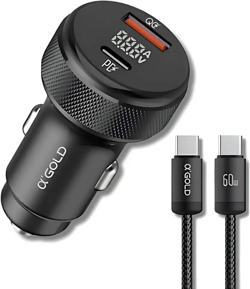 Carregador Veicular Turbo 60W Para Automóvel Carregador de Carro Duas Entradas com Carregamento Super Rápido + Cabo USB-C Premium Compatível Com Dispositivos IOS e Android