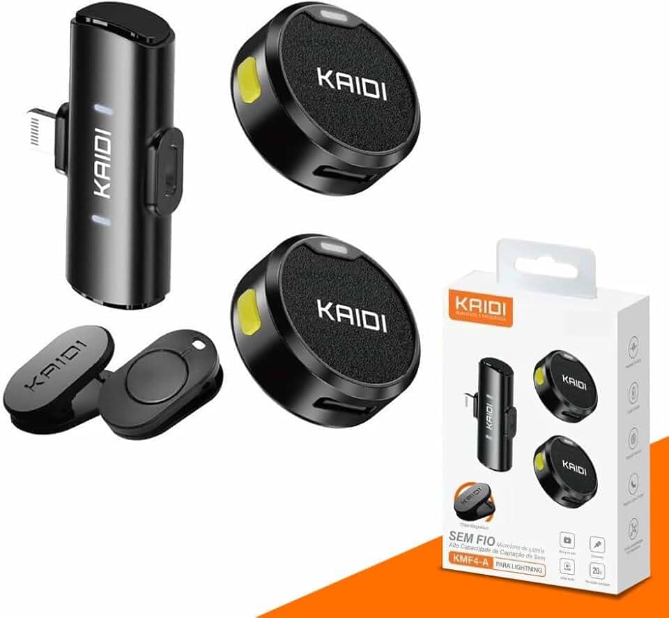 Microfone de Lapela Sem Fio Kit c/ 2 Un Para iPhone IOS 8 ao 14 com Conexão Lightning, Ideal Para Podcast, YouTube, TikTok, Instagram, Entrevistas e Lives, Captação Profissional de Áudio, Bluetooth