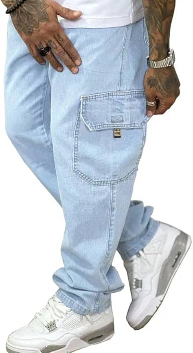 Calça Cargo Jeans Elástico E Cordão Na Cintura Bolsos Laterais