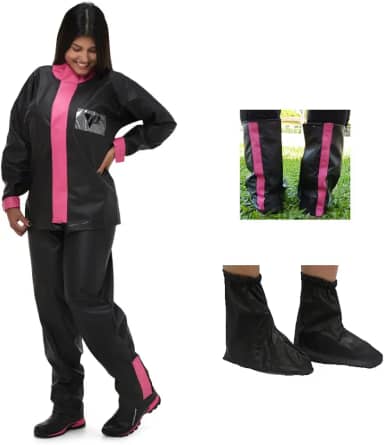 Kit Capa De Chuva Motoqueiro Feminina Pvc Pantaneiro + Polaina PVC meia sola preta com rosa