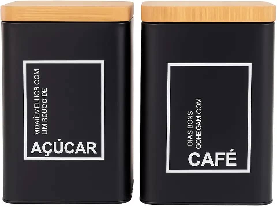 Kit com 2 Porta Mantimentos Café e Açúcar, Metal Premium Preto com Tampa na Cor Madeira, Hermeticos, 500~800g
