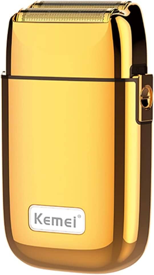 KEMEI Navalhas elétricas para homens, barbeador elétrico profissional sem fio todo de metal, lâminas de titânio de lítio, aparador de barba facial recarregável por USB, dourado (TX1 ouro)