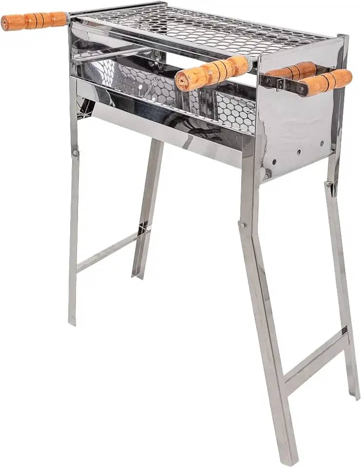 Churrasqueira Portátil em Inox com Alças de Madeira Grelha Removível