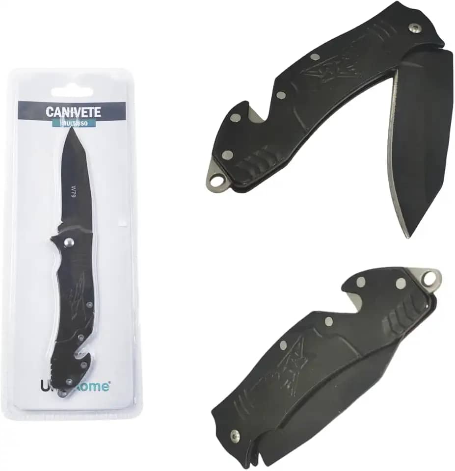 Canivete Multiuso Aço Inox Retrátil Dobrável Portátil 17cm - Preto