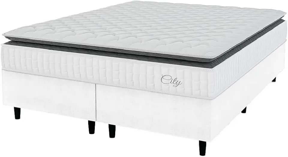 Cama Box Colchão Casal King Molas Ensacadas City Pillow Top 193x203x61cm Linho Branco/Cinza Hellen - Suporta até 110kg por Pessoa