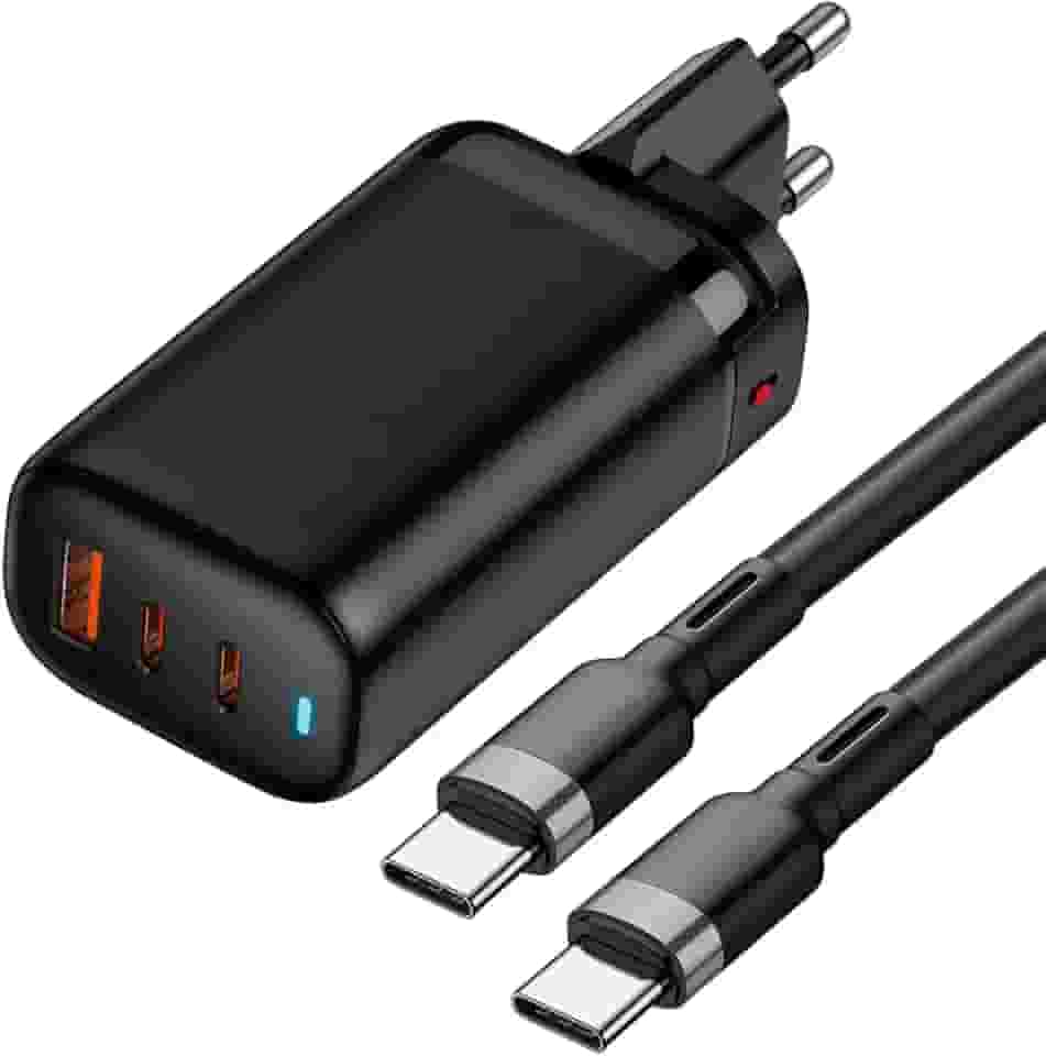 Carregador Turbo de 65W + Cabo, com Três Saídas USB-C e USB, Compatível com Apple iPhone/iWatch/AirPods, iPhone 15 14,13,12,11/XS/XR/XS/X/8 (Plus), iWatch 7/6/SE/5/4/3/2, AirPods 3/2/pro (Preto)