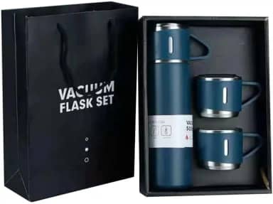 Kit Garrafa Termica Inox Isolada a Vacuo Parede Dupla Com Tampa Caneca e 2 Canecas 500ML Para Quente Gelado (Kit Azul-Marinho)