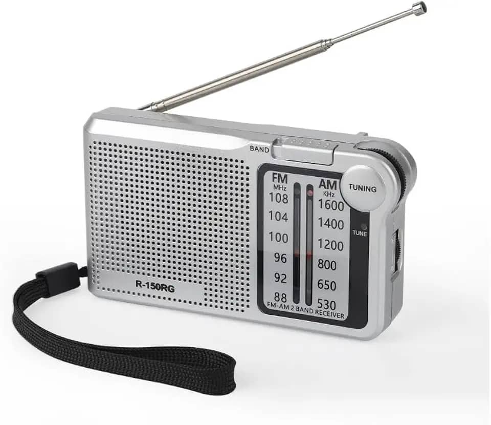 Rádio Portátil AM/FM, Rádio de Bolso, 2 Bandas, Alimentação por 2 Pilhas AA(Não inclusas) e Cabo USB tipo C, Antena e Entrada para Fone de Ouvido