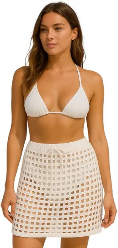Saída De Praia Saia Crochê Tricot Curta Moda Verão Com Regulagem