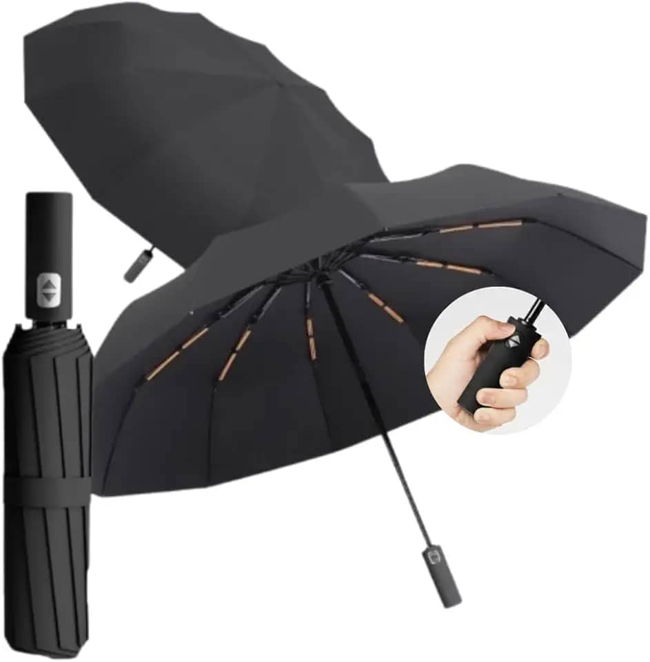 Guarda Chuva com Botão Automático Reforçado – Compacto, Resistente ao Vento, Proteção Solar UV, Blackout, Dobrável - Guarda Chuva Portátil para Bolsa/Mochila - Shop100