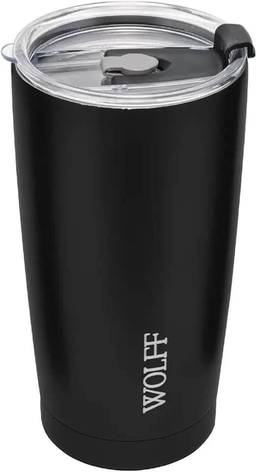 WOLFF - Copo Térmico de Aço Inox Parede Dupla Com Tampa 600ml Preto - Para Viagem - Mantém a Bebida na Temperatura Ideal