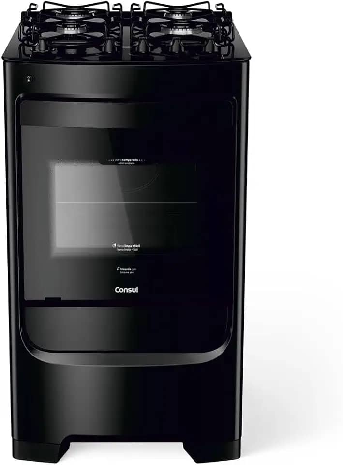 Fogão Consul 4 bocas preto com mesa de vidro e grades individuais super estáveis - CFO4VBE BIVOLT