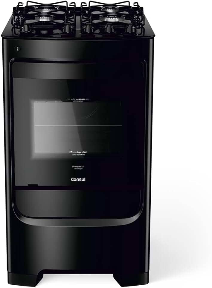 Fogão Consul 4 bocas preto com mesa de vidro e grades individuais super estáveis - CFO4VBE BIVOLT