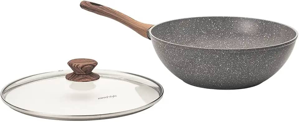 Mimo Style Wok Linha Cook 28cm/4,15L - Estrutura em Alumínio Revestida em Cerâmica, Fundo de Indução. Cabo Soft-Touch, Não Esquenta. Funciona em Fogão a Gás, Elétrico e Indução (Grafito - Cinza)