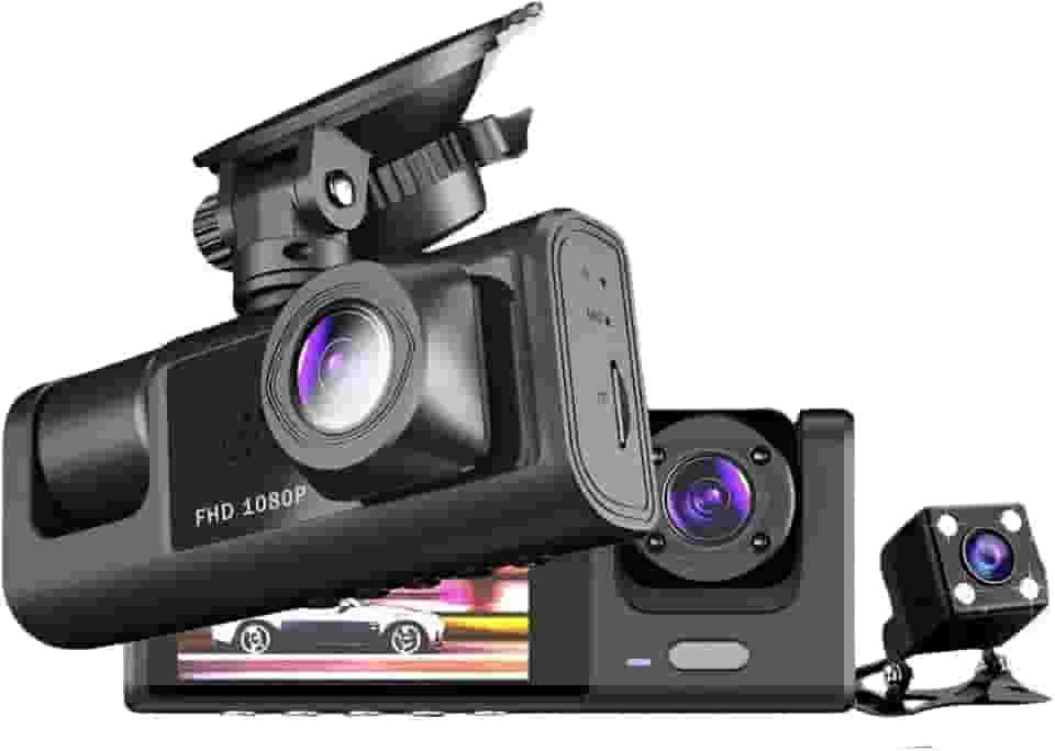 Camera Veicular Tripla 3 Lentes Full HD 1080 | Visao Noturna Frontal Interna Externa Automotiva Tela LCD" | Carro Caminhao Taxi