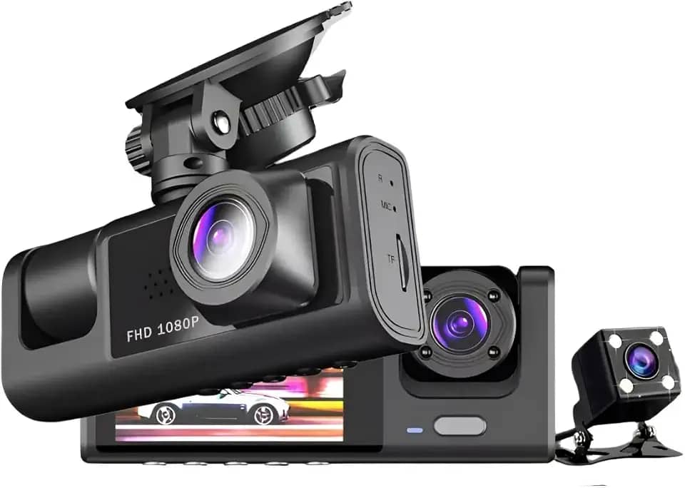 Camera Veicular Tripla 3 Lentes Full HD 1080 | Visao Noturna Frontal Interna Externa Automotiva Tela LCD" | Carro Caminhao Taxi