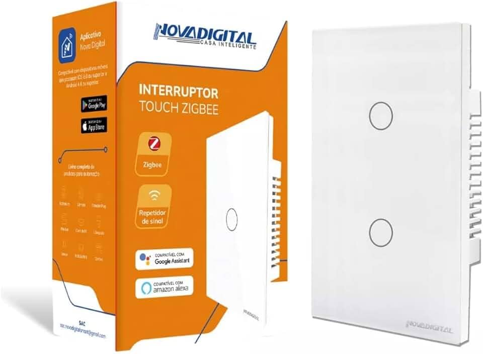 Interruptor Inteligente ZigBee 2 Botões Touch NovaDigital Branco Compatível Alexa Tuya Smart Life