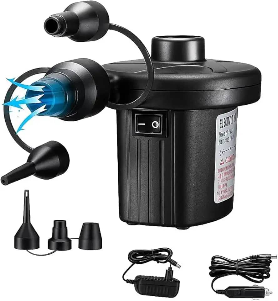 Bomba de Ar Encher Colchão Bivolt 110V/220V 50W com 3 Bicos – Inflador de Ar Compacta para Inflar e Desinflar Colchões, Piscinas, Bóias e Infláveis com Cabo de 1,5m 10A e Conector 12v Veicular