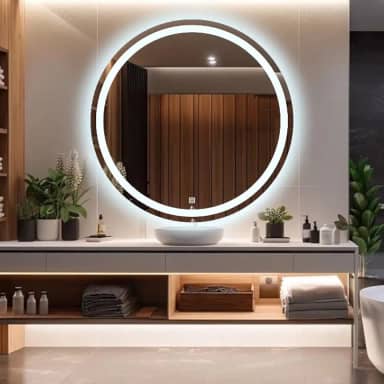 Espelho jateado parede lapidado decorativo redondo 60x60cm luz led touch Screen Dimerisável luxo Iluminado Pendurador - Led quente, neutro ou frio (Led Frio 6000k)