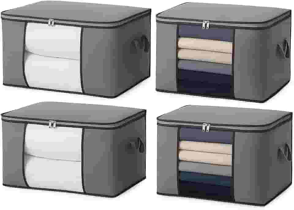 Kit c/ 4 CAIXA Sacos Organizadores REFORÇADO de Roupas e Edredons – Visor Transparente, Zíper Forte, Alças Laterais, Dobrável, Empilhável – Ideal Closet, Cama, Brinquedos e Viagens (Kit c/4)