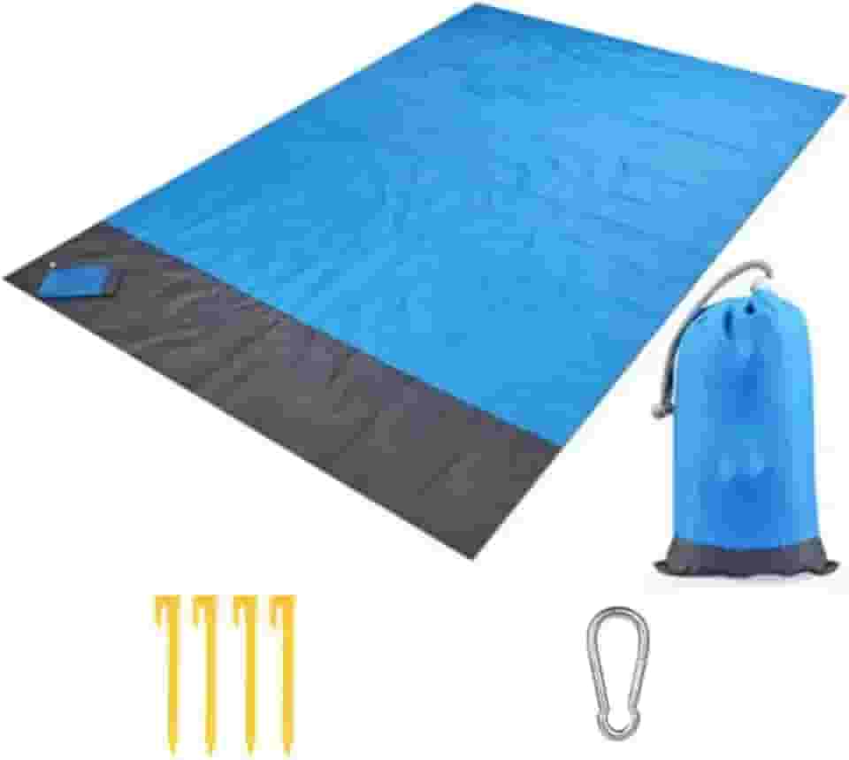Tapete Impermeável para Praia, Camping e Piquenique – Azul e Cinza, 2,00 x 2,10m, Leve, Compacto e Resistente com 4 Pinos de Fixação e Mosquetão, Ideal para Viagens e Atividades ao Ar Livre