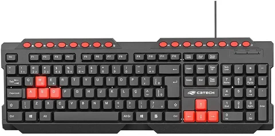 Teclado Gamer C3Tech KG-10V2BK, ABNT2, USB, Teclas Multimídia, Preto e Vermelho