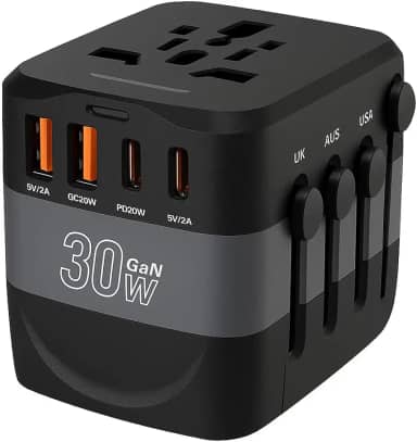 Carregador de Viagem Universal 30W GaN Viagem Adaptador para 150 Países, 2 USB-A 2 USB-C Carregamento Turbo, Compacto e Seguro + Estojo