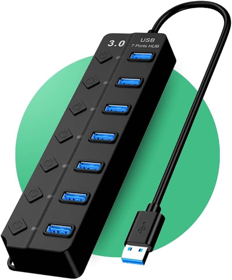 Hub USB 3.0 com 7 Portas Alta Velocidade | 5Gbps Botões Individuais com LED Compatível com PC Notebook TV Console Pendrive Impressora Mouse Teclado | Acabamento de Qualidade