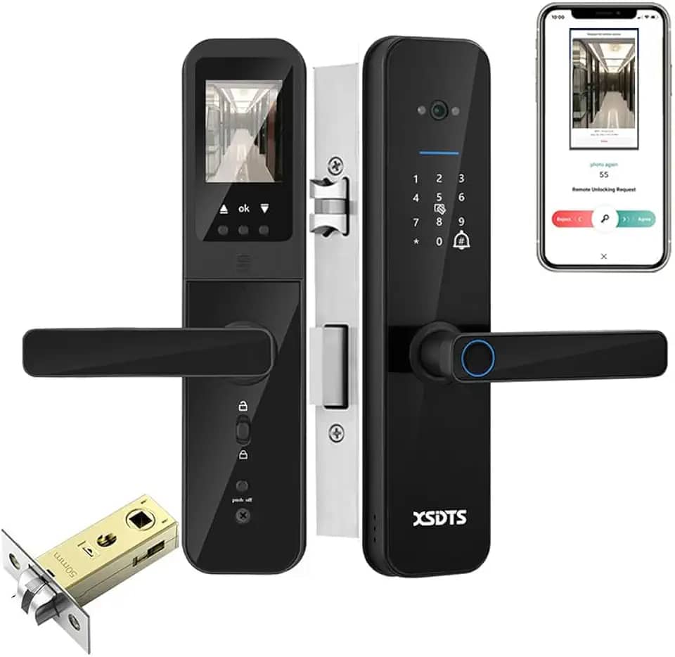 Fechadura Digital Inteligente Câmera e Campainha Eletrônica de Embutir Desbloqueio por Biometria, Senha, Cartão, Chave e Remotamente pelo App Tuya Wifi -Do Brasil (Preto, 22x200(5050))