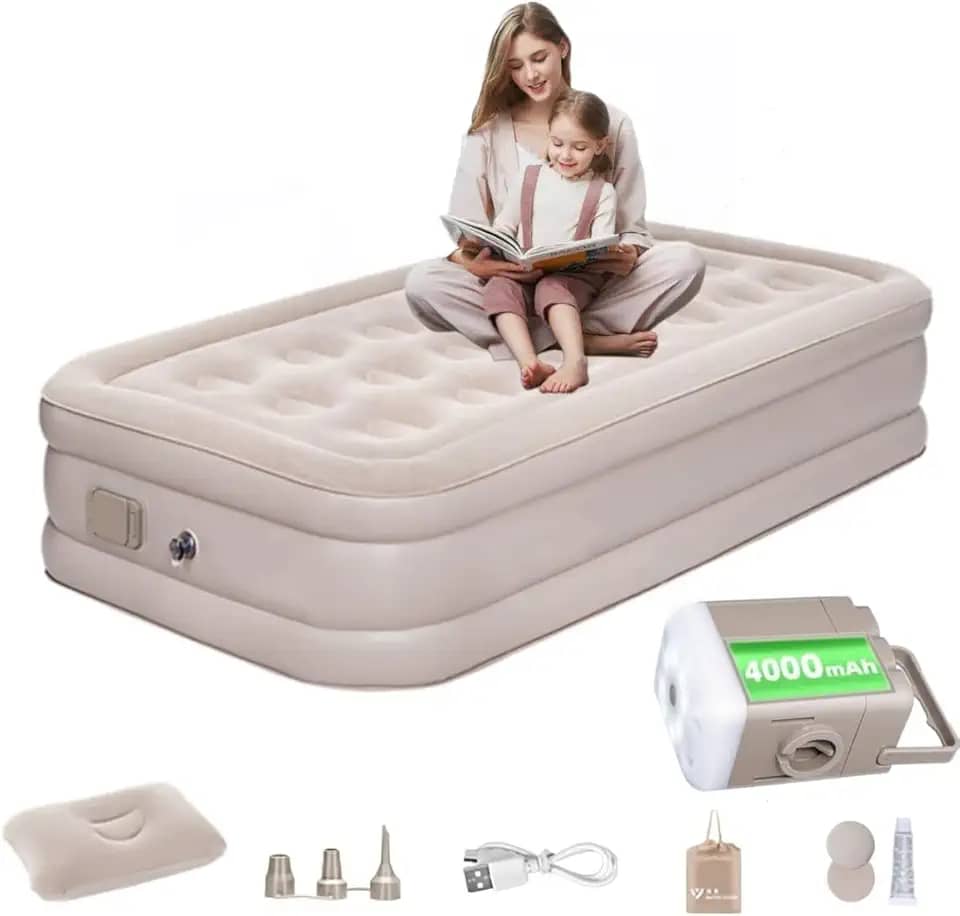 JOYFOX Colchão de Ar Inflável Solteiro 191x98x46cm, Bomba USB Removível, À Prova D'Água, Suporta 300kg, para Camping, Viagens e Casa