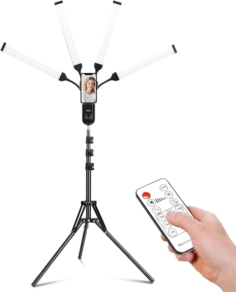 Tripe para Celular com Iluminação, Luz de Led para Gravar Video, Barra de Luz LED Portátil (com 4 Braços e Um Tripé) - para Gravação de Vídeo, Fotografia e Preenchimento de Cor, com Controlo Remoto