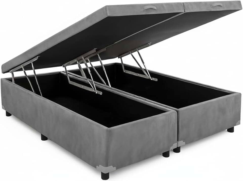 Cama Box Baú King Bipartido 96, Blindado, Pistão á Gás, Pés de Madeira (Suede, Cinza)