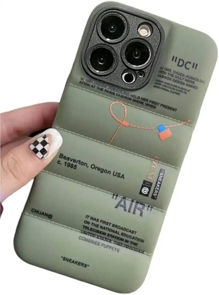 Capa acolchoada com design de marca de sapatos esportivos para iPhone 13, tênis com etiqueta branca ou preta, capa macia - capa verde bufante para iPhone 14 13 12 11 Pro Max Plus X XS XR 7 8