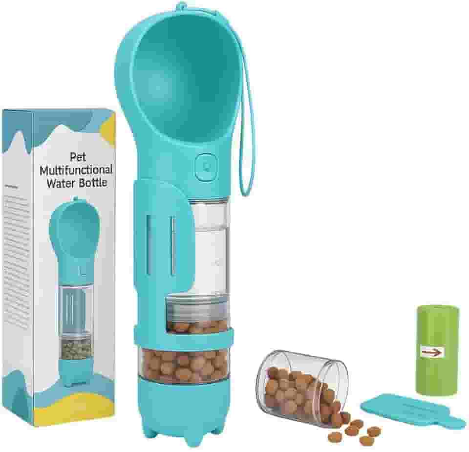 Garrafa 4 em 1 para Pets | Bebedouro, Porta Ração, Pá e Saquinhos | Ideal para Viagens e Passeios com Cães e Gatos