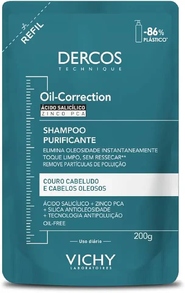 Vichy Dercos Oil-Correction, Refil Shampoo Purificante para Cabelos Oleosos, Limpeza Profunda sem Ressecar os Fios, Fórmula com Ácido Salicílico e Zinco PCA, 200g