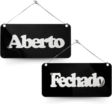 Placa Acrílica Frente Verso Aberto Fechado Ventosa Preto (Preto e Prata)