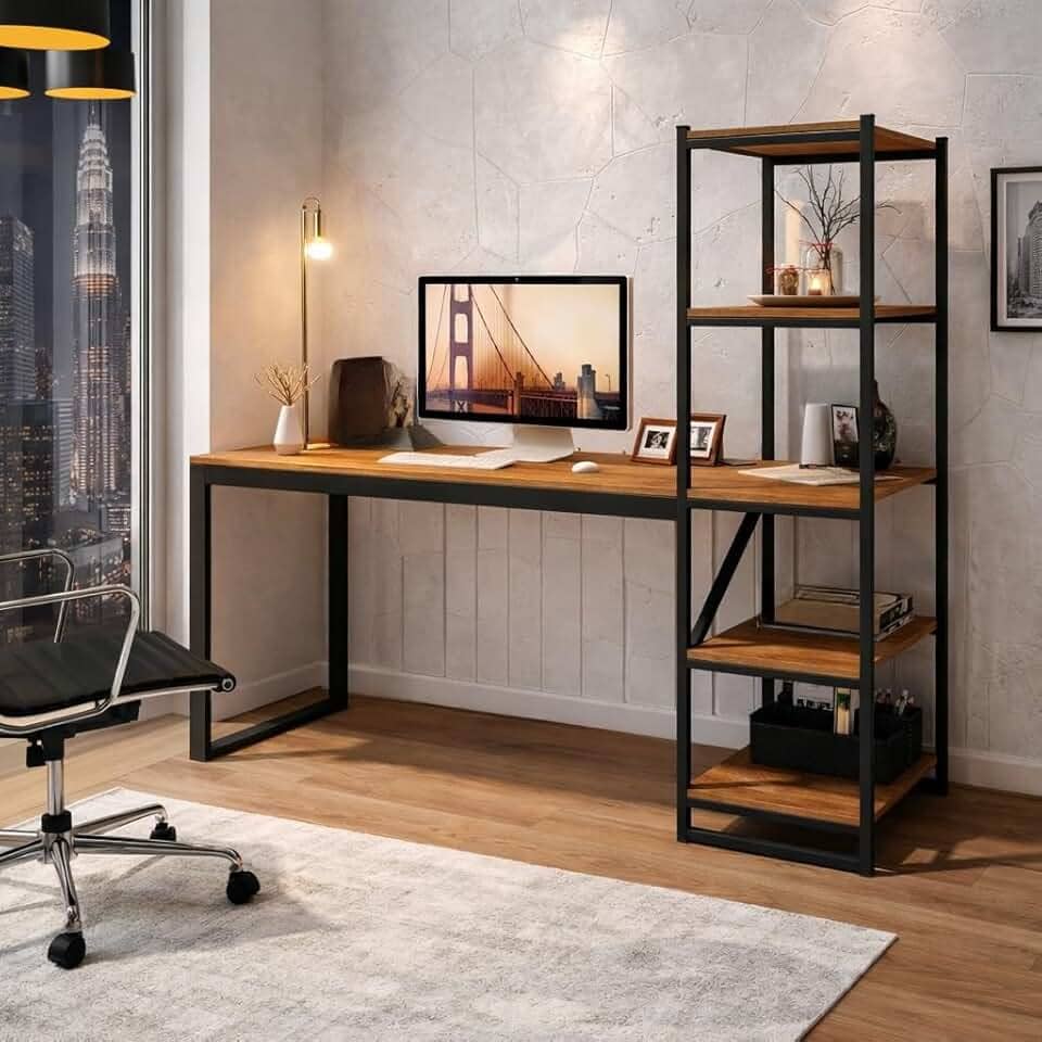 Escrivaninha Industrial,Escrivaninha Estudo Home Office Industrial Para Escritório Mesa Trabalho Penteadeira Com Prateleiras(Canela)